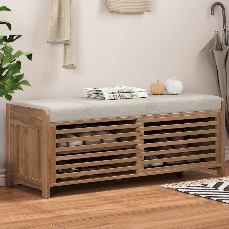 Panca contenitore "shutter" invecchiato con impiallacciatura in acacia per un tocco retrò in soggiorno o ingresso (Blu Navy)