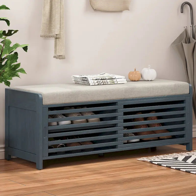 Panca contenitore "shutter" invecchiato con impiallacciatura in acacia per un tocco retrò in soggiorno o ingresso (Blu Navy)