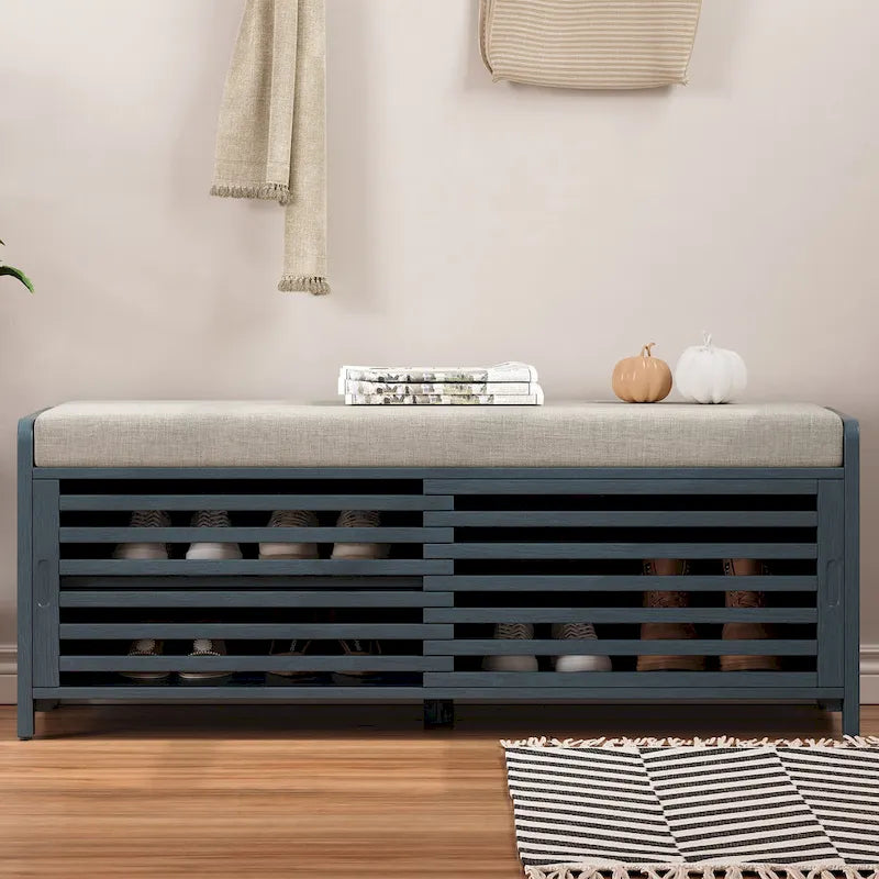 Panca contenitore "shutter" invecchiato con impiallacciatura in acacia per un tocco retrò in soggiorno o ingresso (Blu Navy)