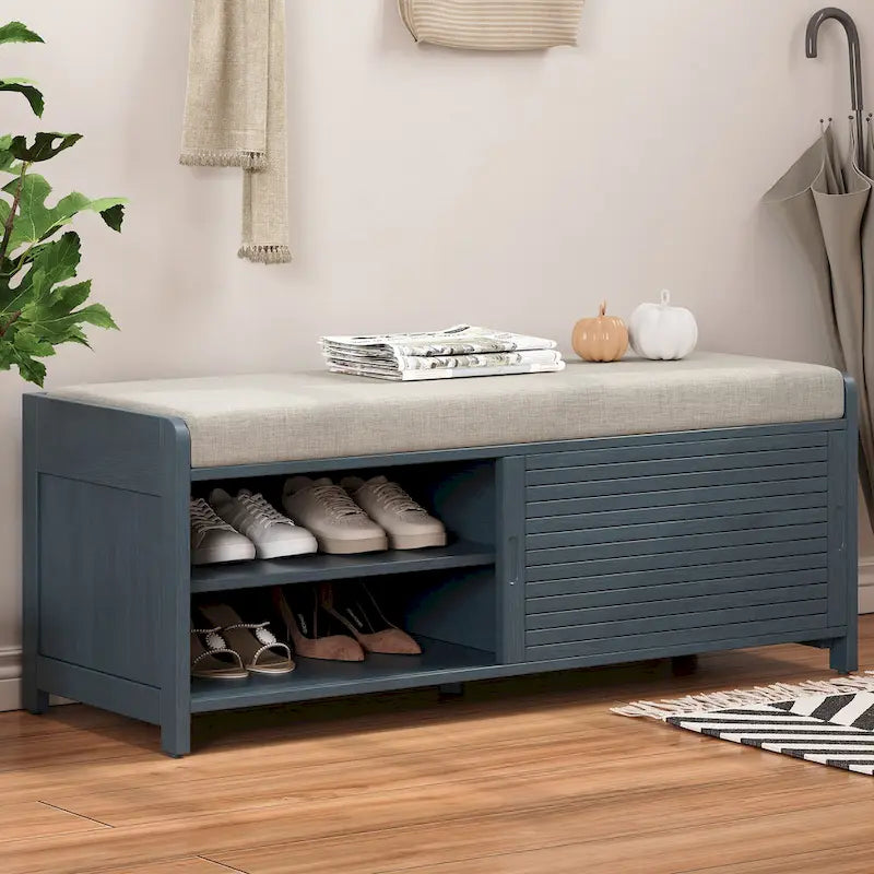 Panca contenitore "shutter" invecchiato con impiallacciatura in acacia per un tocco retrò in soggiorno o ingresso (Blu Navy)