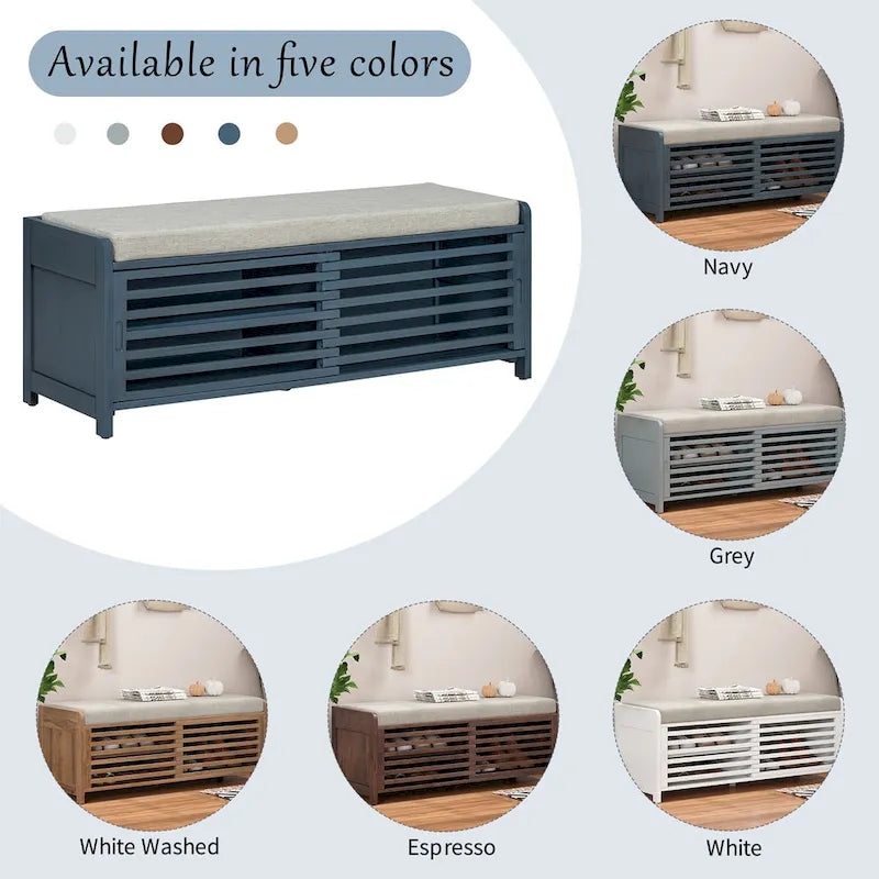 Panca contenitore "shutter" invecchiato con impiallacciatura in acacia per un tocco retrò in soggiorno o ingresso (Blu Navy)