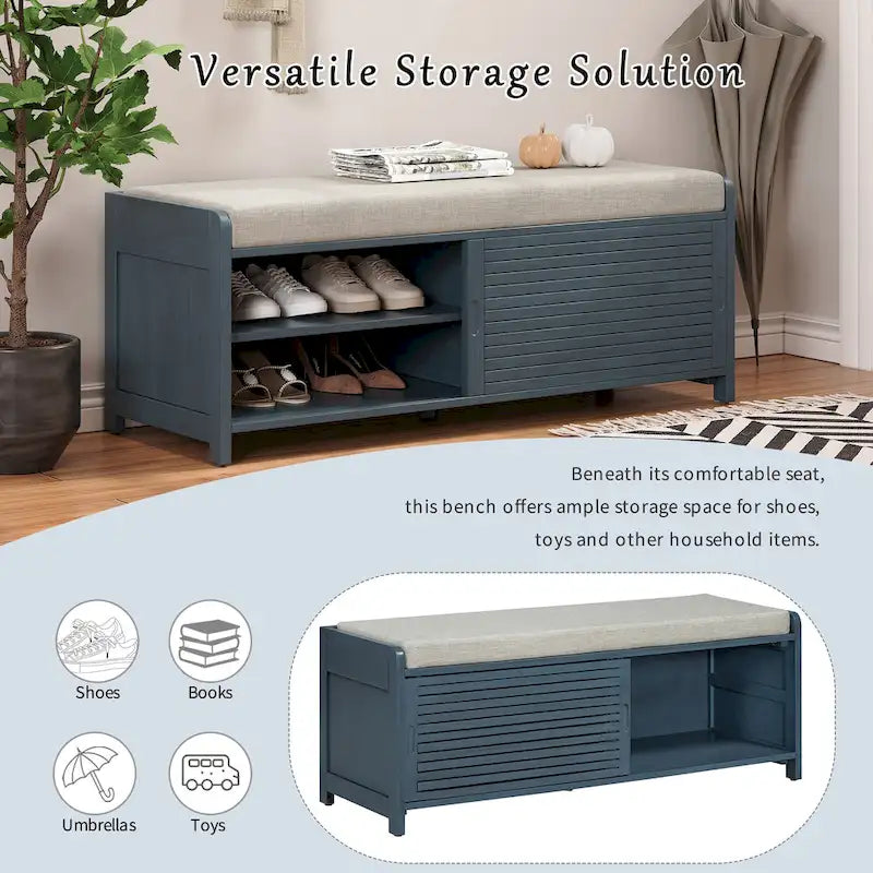 Panca contenitore "shutter" invecchiato con impiallacciatura in acacia per un tocco retrò in soggiorno o ingresso (Blu Navy)