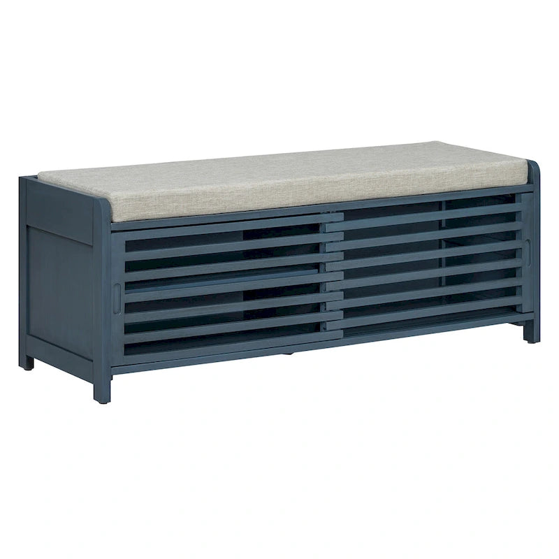 Panca contenitore "shutter" invecchiato con impiallacciatura in acacia per un tocco retrò in soggiorno o ingresso (Blu Navy)