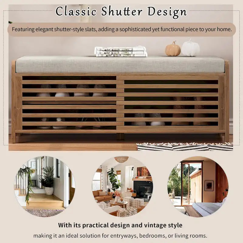 Panca contenitore "shutter" invecchiato con impiallacciatura in acacia per un tocco retrò in soggiorno o ingresso (Blu Navy)