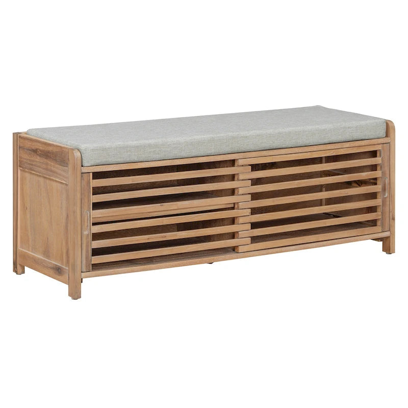 Panca contenitore "shutter" invecchiato con impiallacciatura in acacia per un tocco retrò in soggiorno o ingresso (Blu Navy)