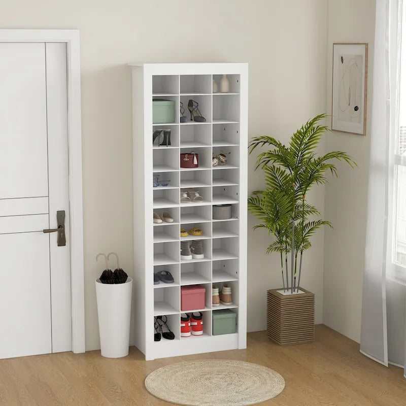Scarpiera stretta da 71 pollici, mobile scarpiera per ingresso con cubi aperti per 36 paia, bianco