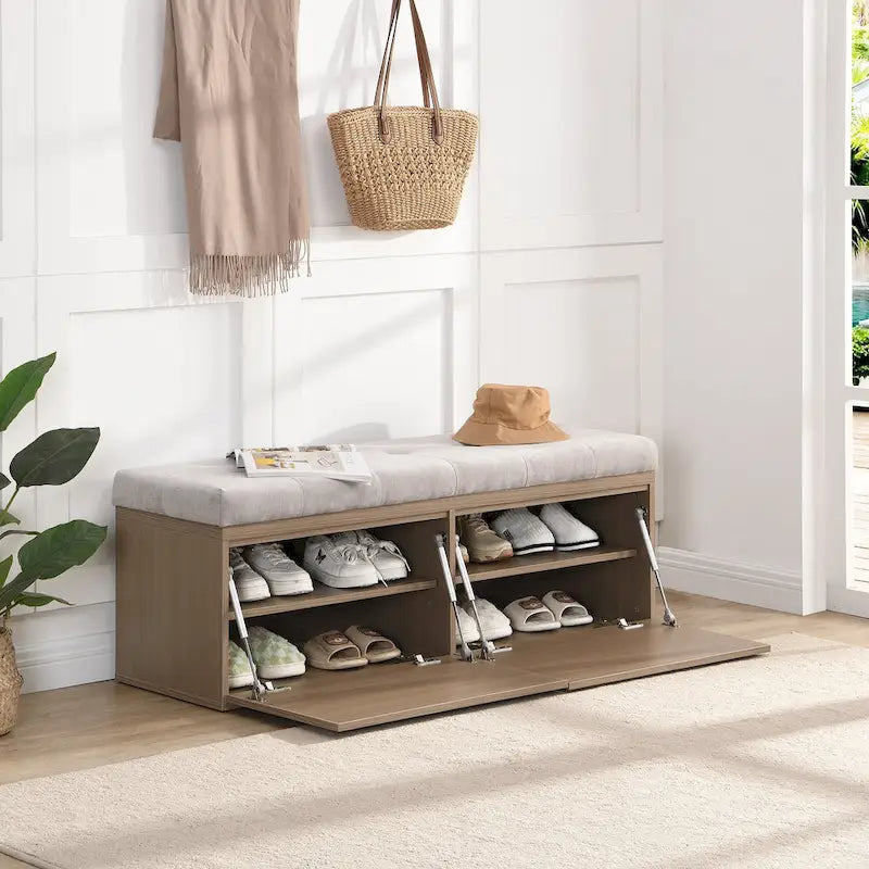 49 Shoe Storage Bench Entryway Shoe Cabinet Storage Ottoman with Padded Seat Cushion and Double Doors for Entryway, Bedroom