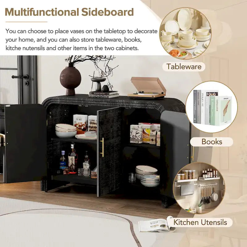 Credenza Curva Retrò Minimalista con Maniglie Dorate e Divisori Regolabili per Soggiorno o Sala da Pranzo