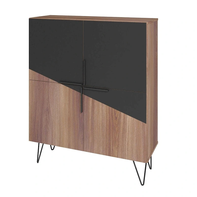 Credenza bassa Mid-Century moderna con 4 ripiani e gambe in metallo a spillo – H 43.7
