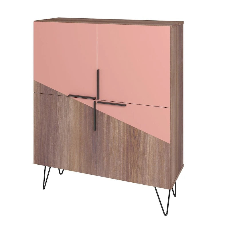 Credenza bassa Mid-Century moderna con 4 ripiani e gambe in metallo a spillo – H 43.7