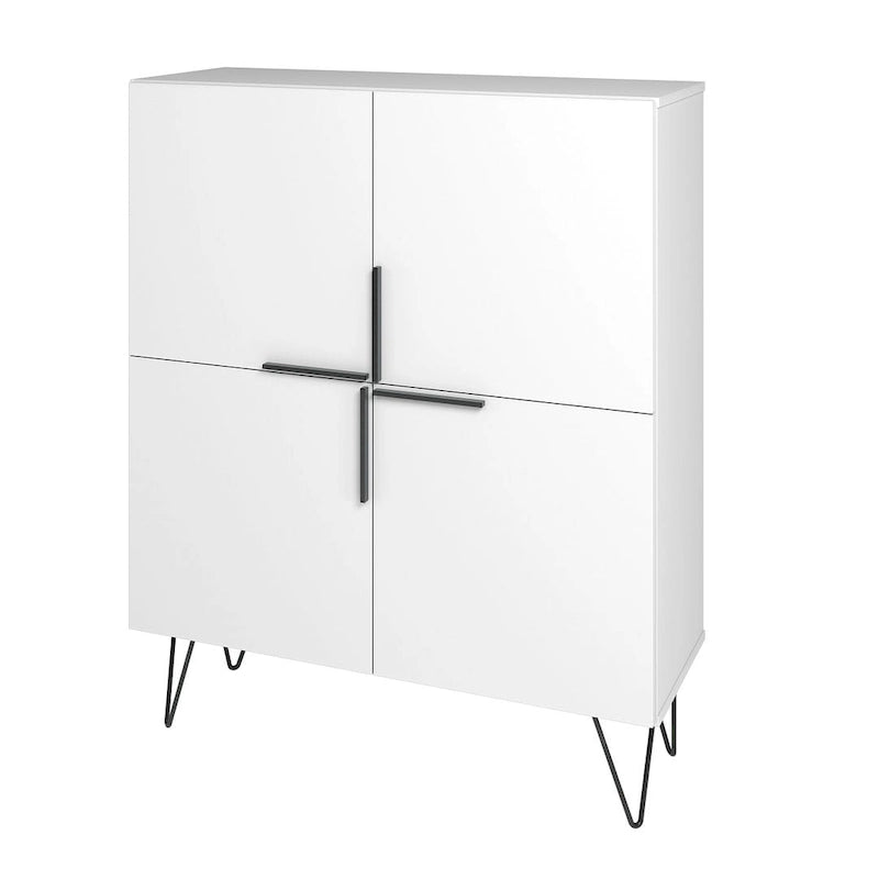 Credenza bassa Mid-Century moderna con 4 ripiani e gambe in metallo a spillo – H 43.7