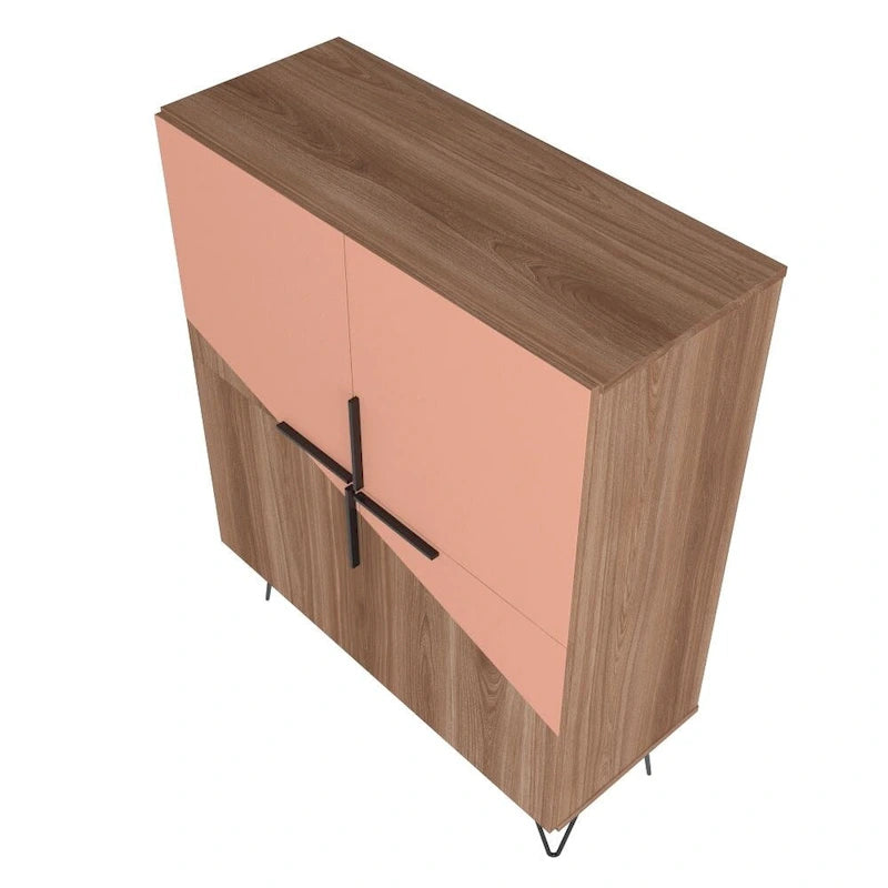 Credenza bassa Mid-Century moderna con 4 ripiani e gambe in metallo a spillo – H 43.7