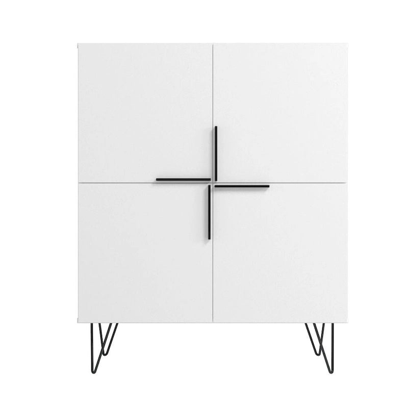 Credenza bassa Mid-Century moderna con 4 ripiani e gambe in metallo a spillo – H 43.7