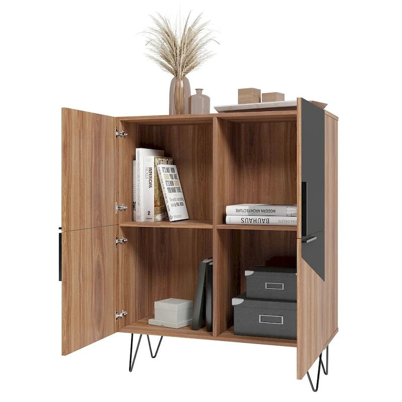 Credenza bassa Mid-Century moderna con 4 ripiani e gambe in metallo a spillo – H 43.7