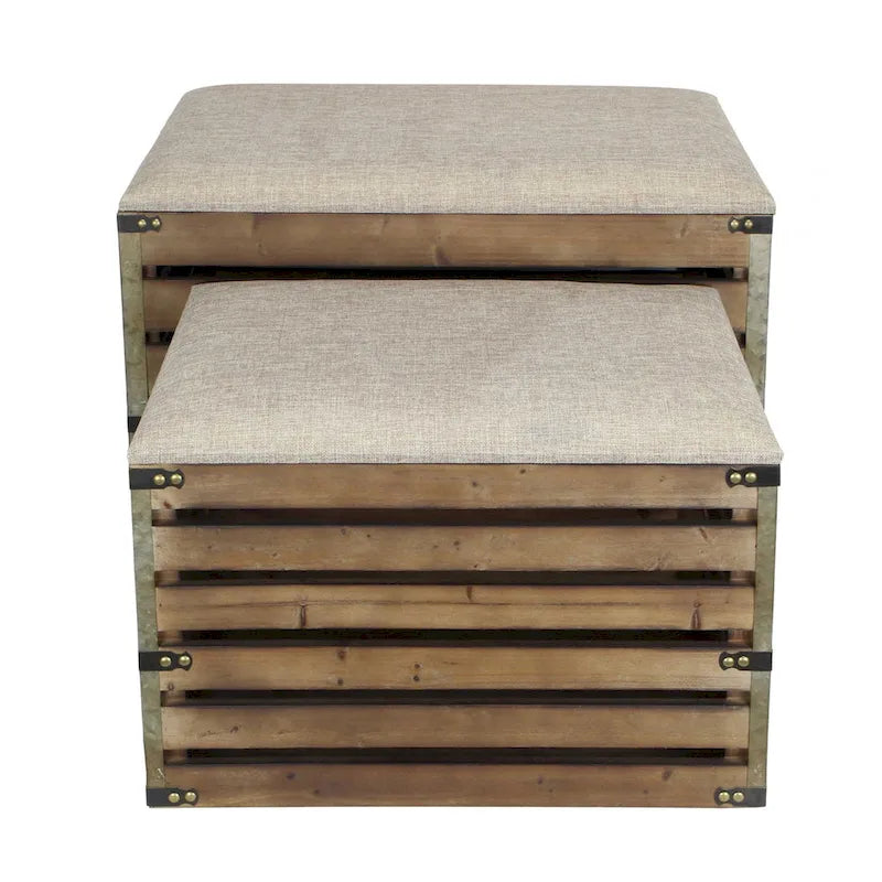 Set di due panche portaoggetti in legno marrone a doghe e imbottite con piano apribile - 23,7 L x 14 P x 17,5 H
