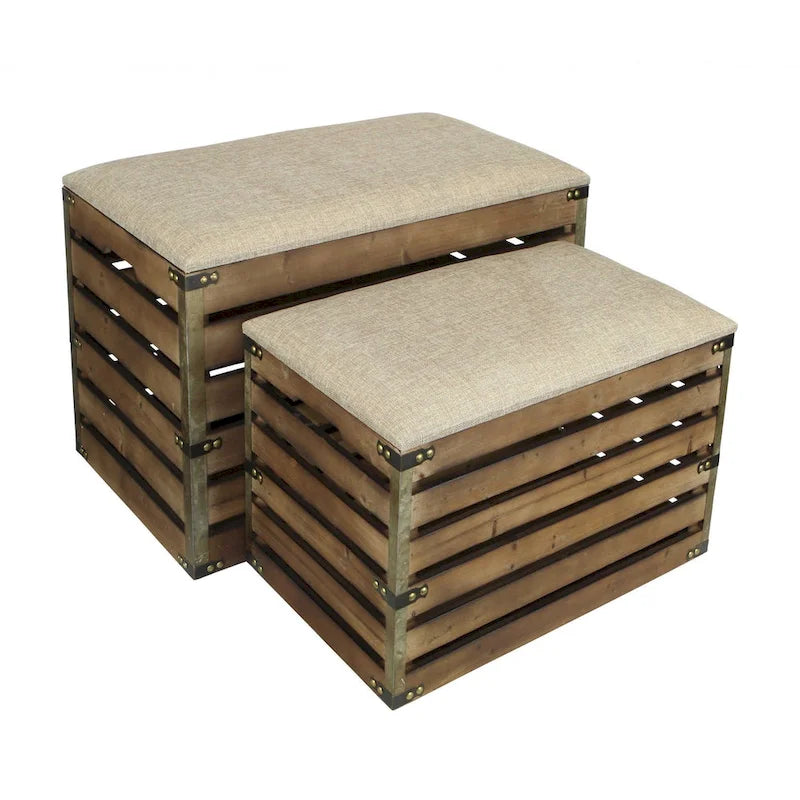Set di due panche portaoggetti in legno marrone a doghe e imbottite con piano apribile - 23,7 L x 14 P x 17,5 H