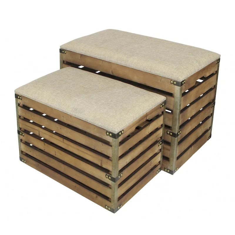 Set di due panche portaoggetti in legno marrone a doghe e imbottite con piano apribile - 23,7 L x 14 P x 17,5 H