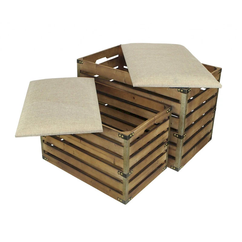 Set di due panche portaoggetti in legno marrone a doghe e imbottite con piano apribile - 23,7 L x 14 P x 17,5 H