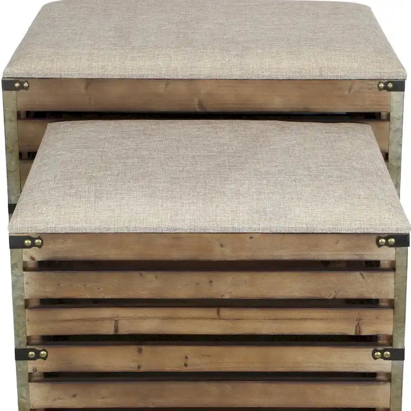 Set di due panche portaoggetti in legno marrone a doghe e imbottite con piano apribile - 23,7 L x 14 P x 17,5 H