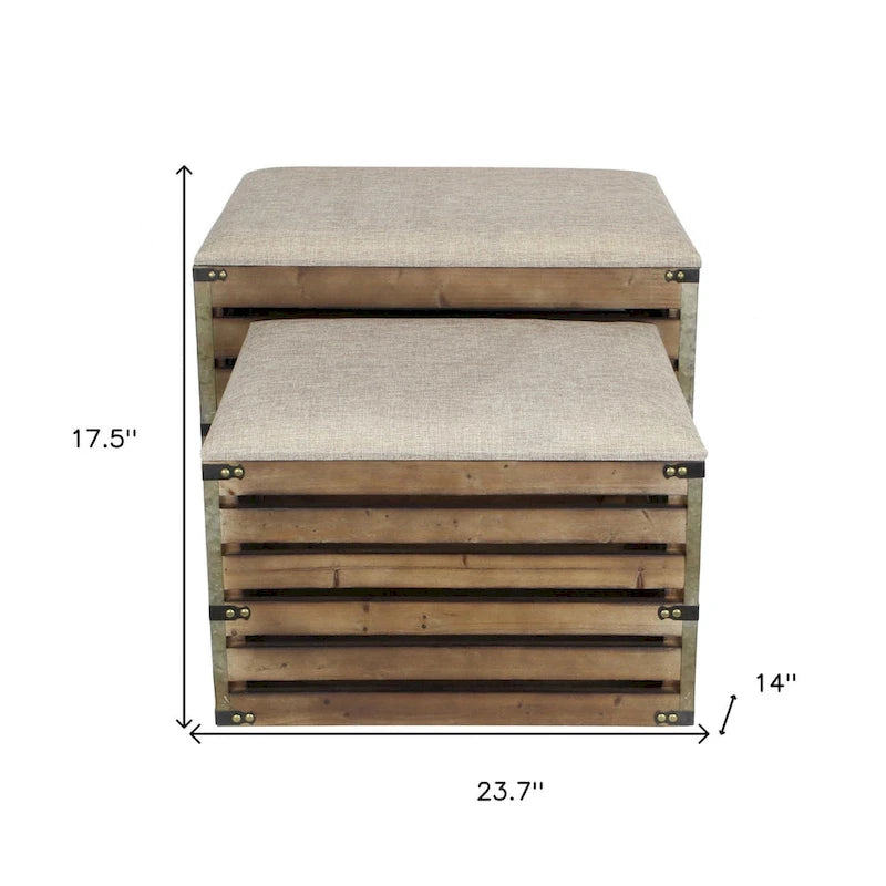 Set di due panche portaoggetti in legno marrone a doghe e imbottite con piano apribile - 23,7 L x 14 P x 17,5 H