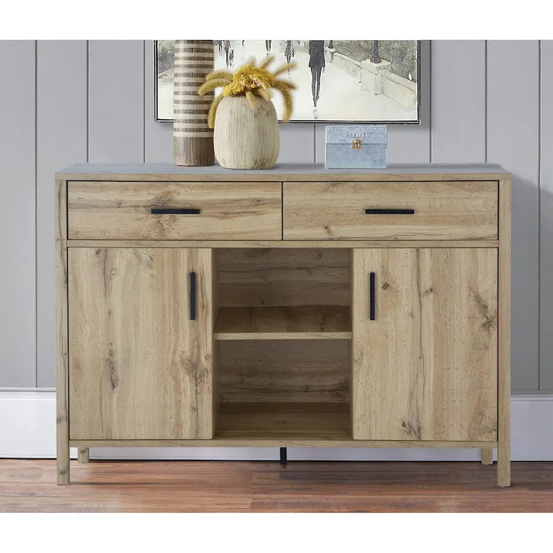 Madia 47W, mobile contenitore per sala da pranzo, credenza da buffet con due armadietti, due cassetti, due ripiani aperti
