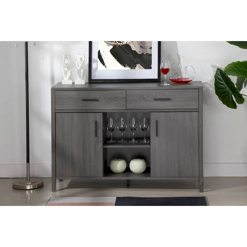 Madia 47W, mobile contenitore per sala da pranzo, credenza da buffet con due armadietti, due cassetti, due ripiani aperti