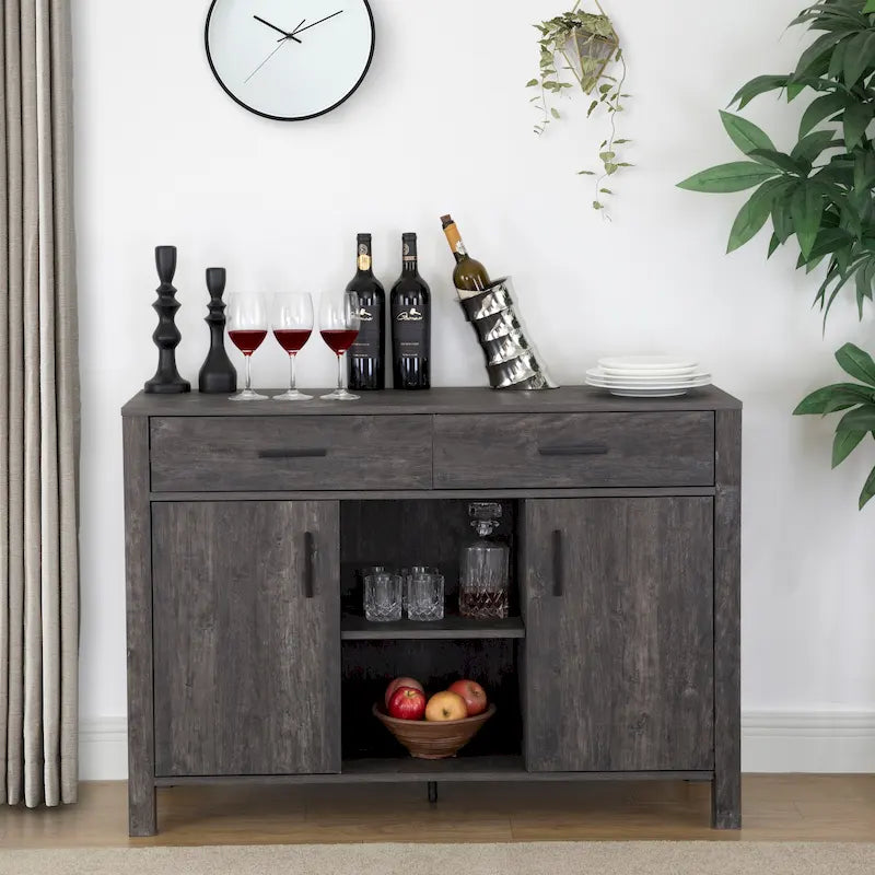 Madia 47W, mobile contenitore per sala da pranzo, credenza da buffet con due armadietti, due cassetti, due ripiani aperti