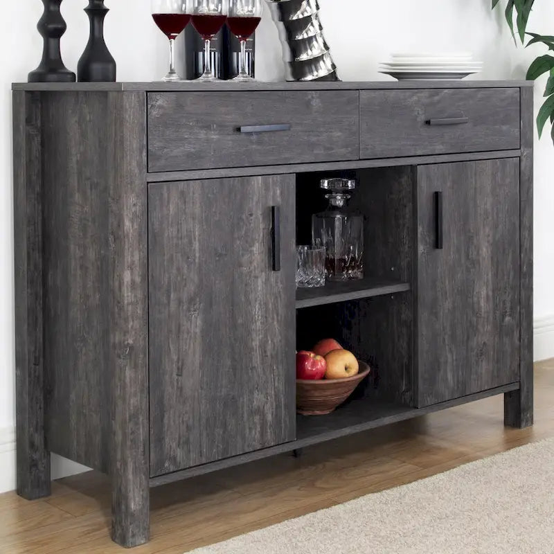 Madia 47W, mobile contenitore per sala da pranzo, credenza da buffet con due armadietti, due cassetti, due ripiani aperti