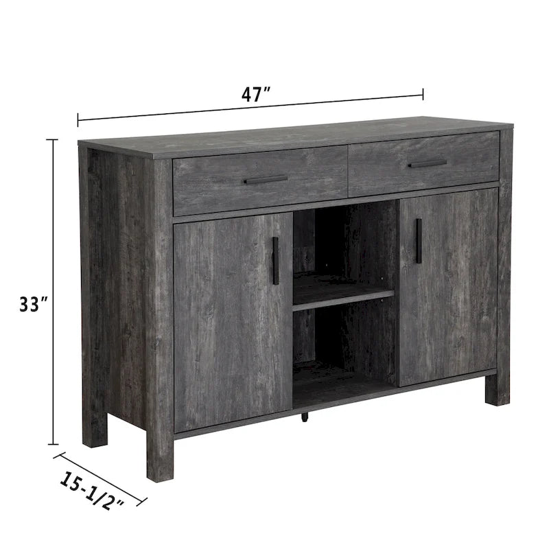 Madia 47W, mobile contenitore per sala da pranzo, credenza da buffet con due armadietti, due cassetti, due ripiani aperti