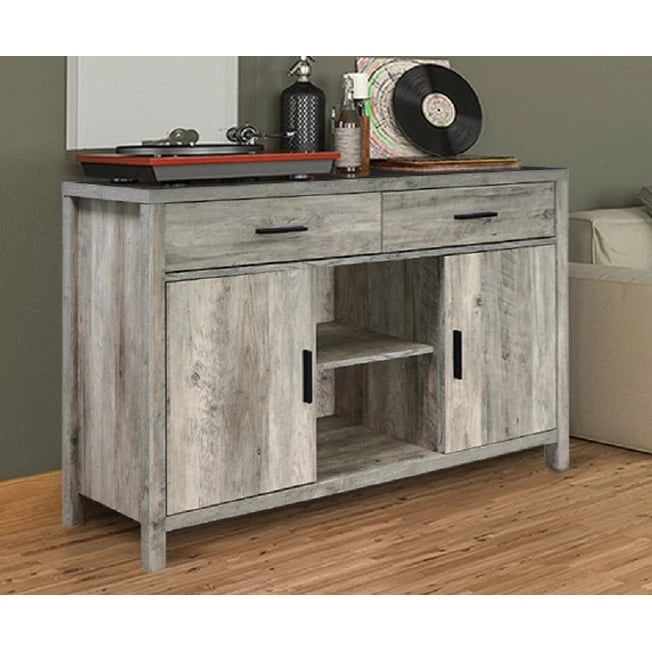 Madia 47W, mobile contenitore per sala da pranzo, credenza da buffet con due armadietti, due cassetti, due ripiani aperti