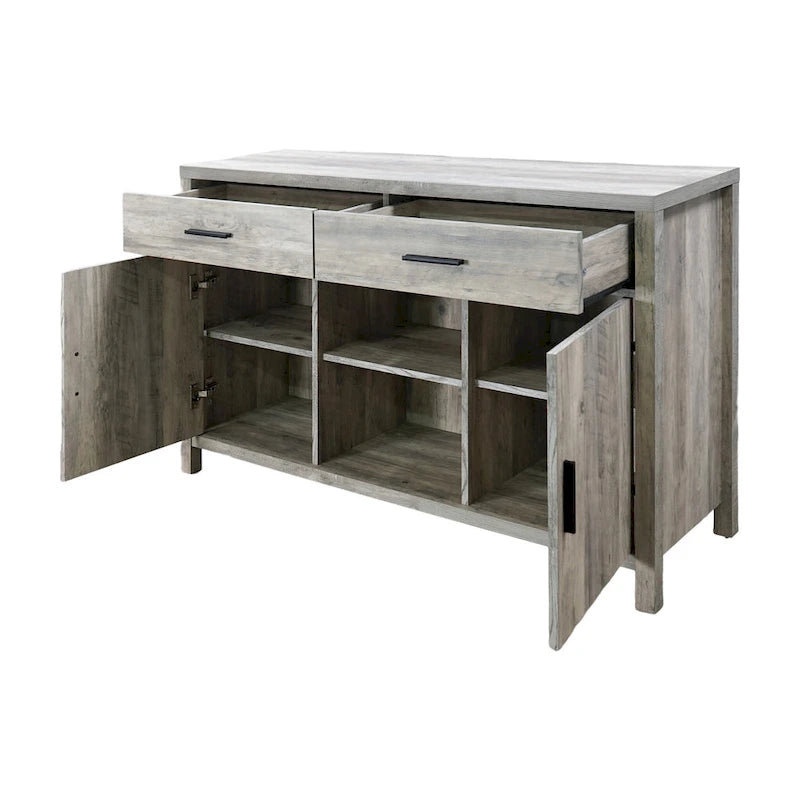 Madia 47W, mobile contenitore per sala da pranzo, credenza da buffet con due armadietti, due cassetti, due ripiani aperti