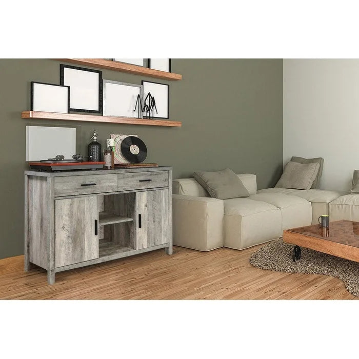 Madia 47W, mobile contenitore per sala da pranzo, credenza da buffet con due armadietti, due cassetti, due ripiani aperti