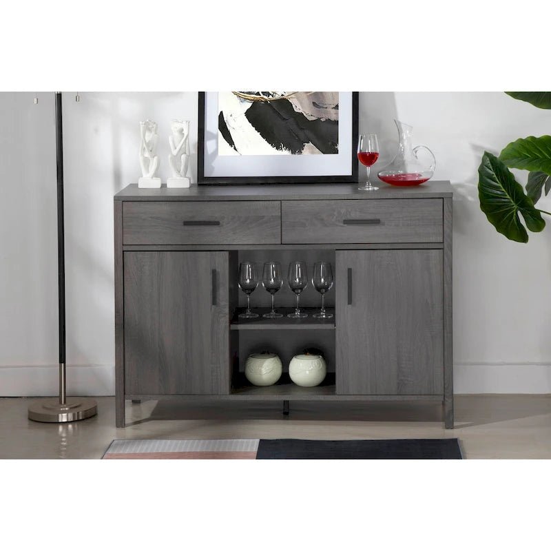 Madia 47W, mobile contenitore per sala da pranzo, credenza da buffet con due armadietti, due cassetti, due ripiani aperti