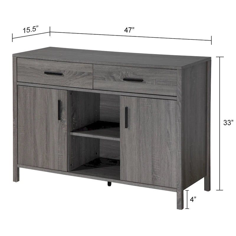 Madia 47W, mobile contenitore per sala da pranzo, credenza da buffet con due armadietti, due cassetti, due ripiani aperti