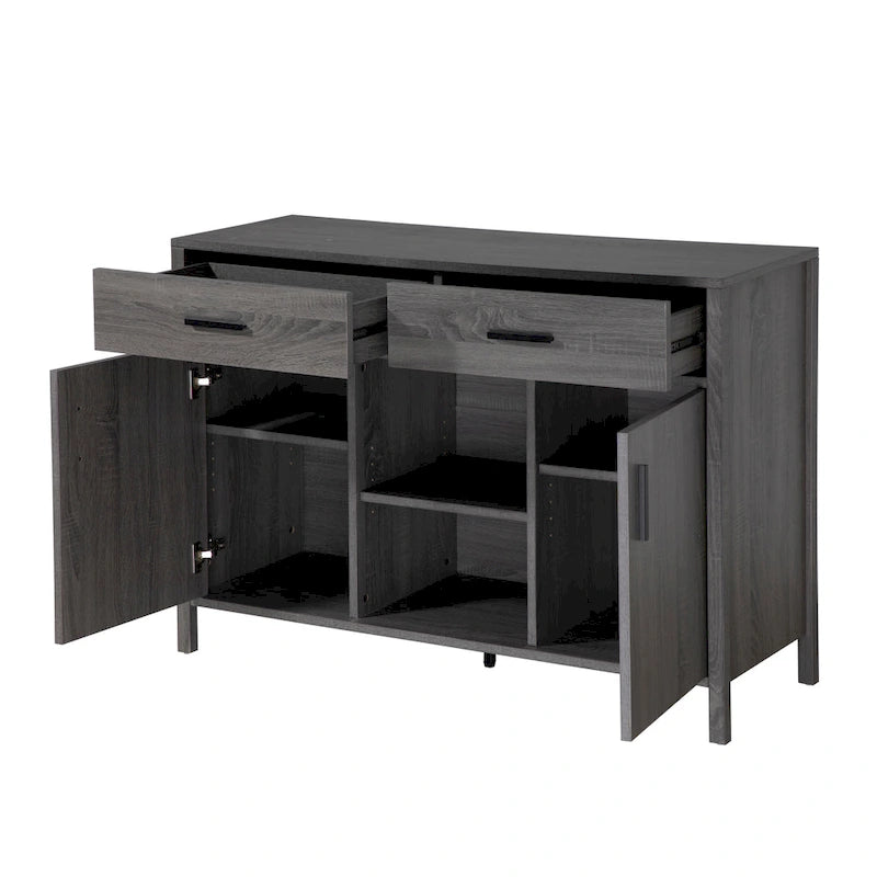 Madia 47W, mobile contenitore per sala da pranzo, credenza da buffet con due armadietti, due cassetti, due ripiani aperti