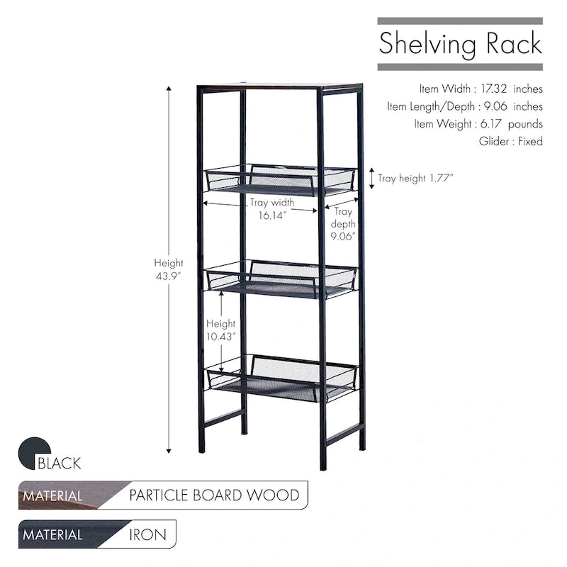 Scaffali portaoggetti a 3 ripiani con vassoi a rete e struttura in metallo – 44L x 23P x 111,5A cm