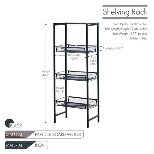 Scaffali portaoggetti a 3 ripiani con vassoi a rete e struttura in metallo – 44L x 23P x 111,5A cm