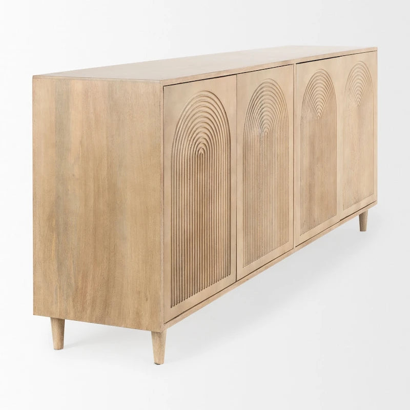 Madia Tucker marrone chiaro in legno massello con ante decorate - 71,75L x 30A x 15P