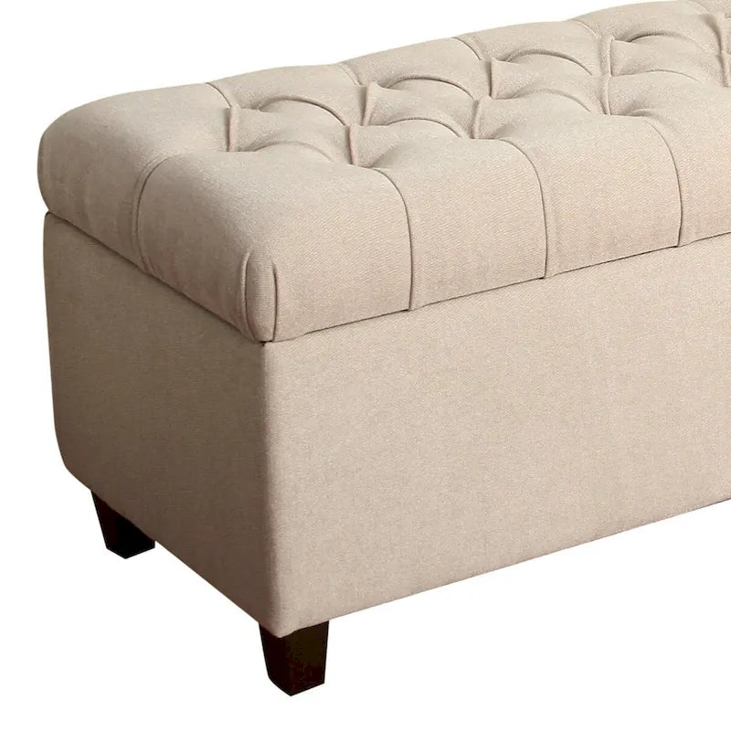 Panca in legno rivestita in tessuto con bottoni trapuntati e vano contenitore a cerniera, crema e marrone - 45,7 A x 101,6 L x 45,7 P cm