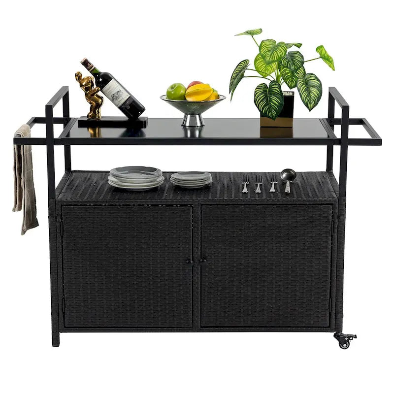 Carrello da Bar in Vimini a 3 Livelli con Piano in Vetro Temperato e Ruote Girevoli a 360°