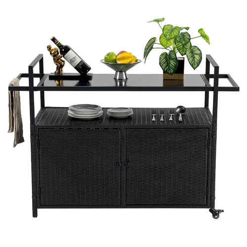 Carrello da Bar in Vimini a 3 Livelli con Piano in Vetro Temperato e Ruote Girevoli a 360°
