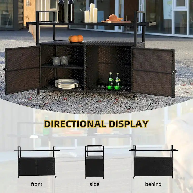 Carrello da Bar in Vimini a 3 Livelli con Piano in Vetro Temperato e Ruote Girevoli a 360°