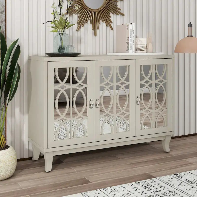 Credenza con ante in vetro, mobile buffet a 3 ante a specchio