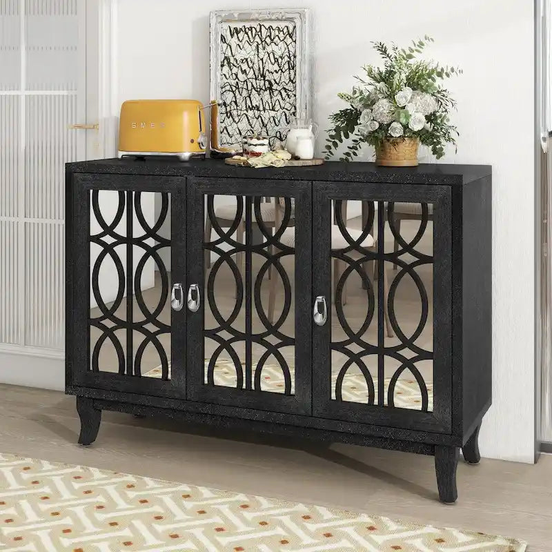 Credenza con ante in vetro, mobile buffet a 3 ante a specchio