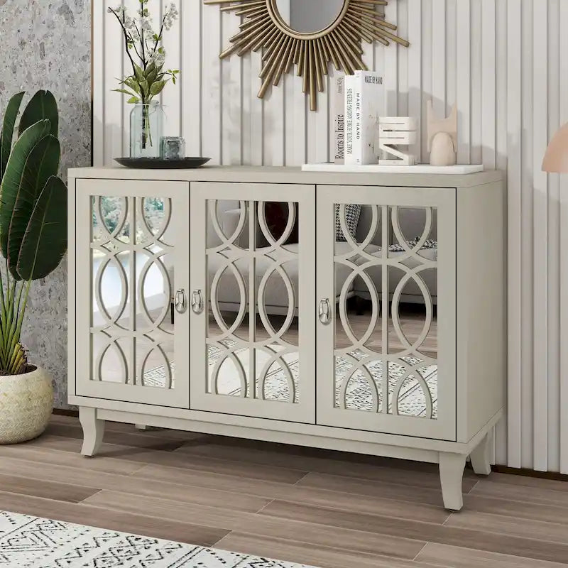 Credenza con ante in vetro, mobile buffet a 3 ante a specchio