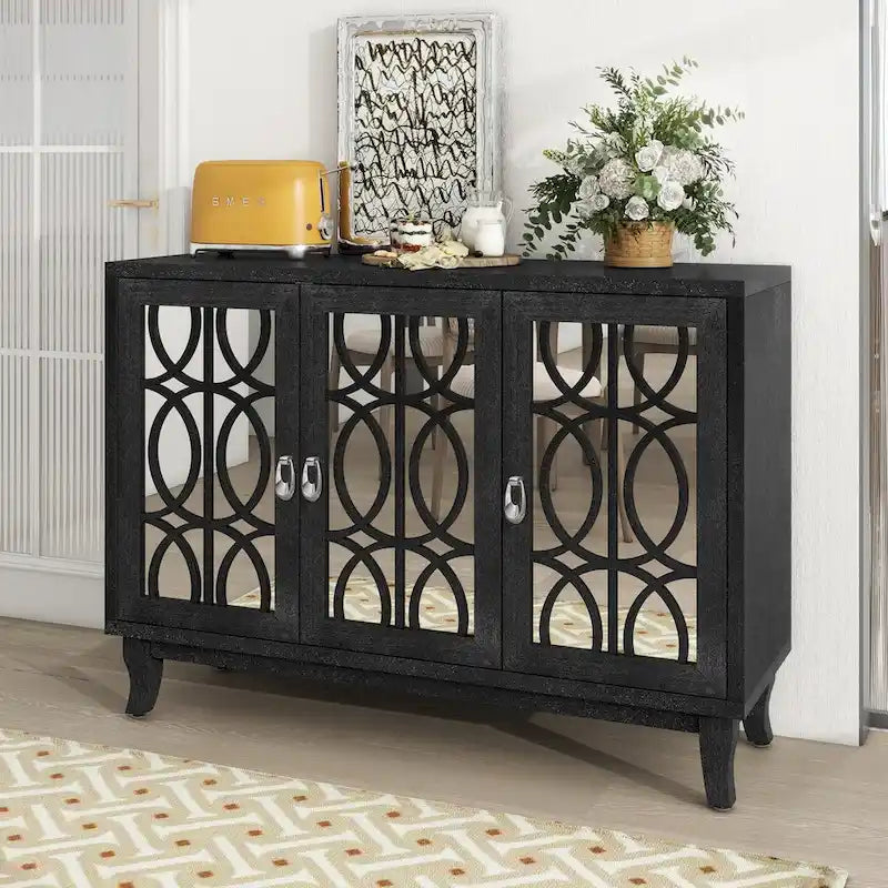 Credenza con ante in vetro, mobile buffet a 3 ante a specchio