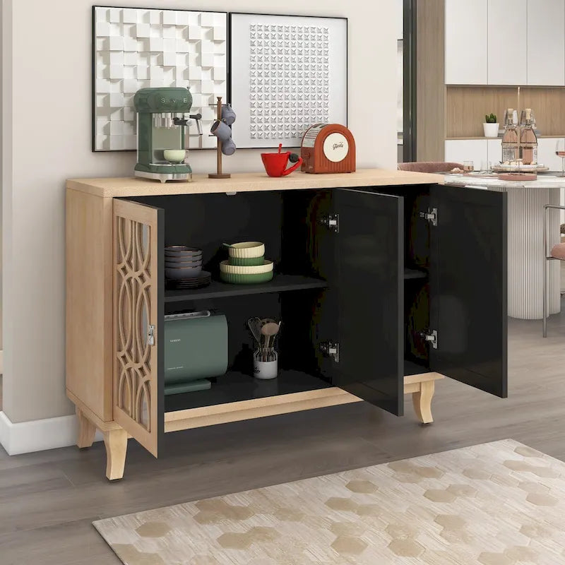 Credenza con ante in vetro, mobile buffet a 3 ante a specchio