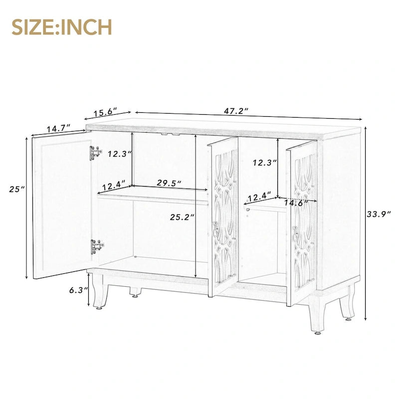 Credenza con ante in vetro, mobile buffet a 3 ante a specchio