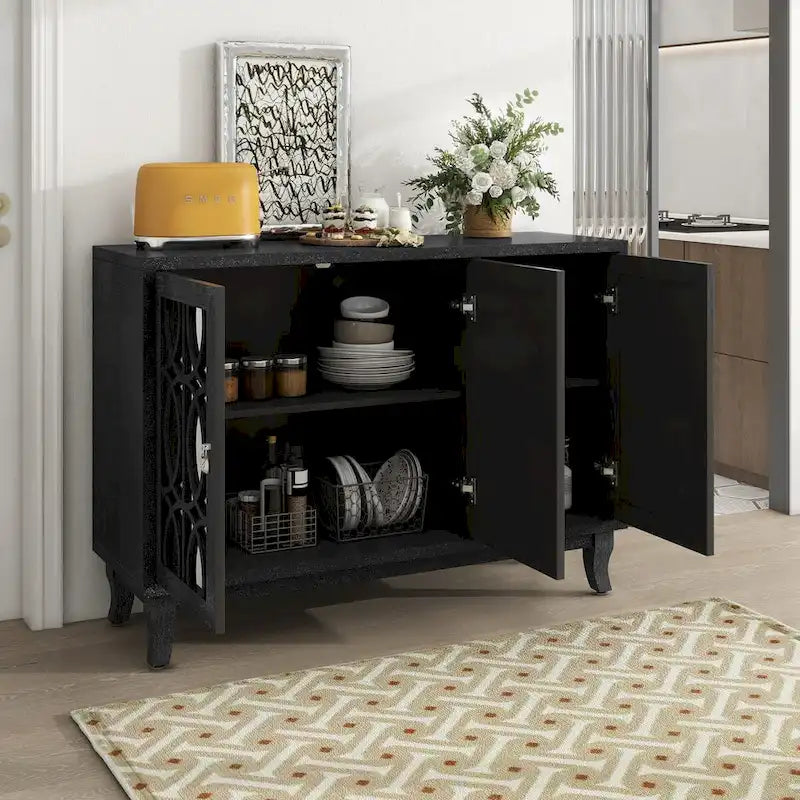 Credenza con ante in vetro, mobile buffet a 3 ante a specchio