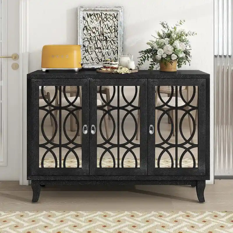 Credenza con ante in vetro, mobile buffet a 3 ante a specchio